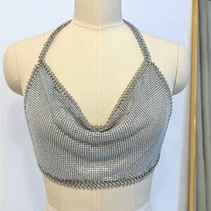 ALTEREDREAMS Silver Rhinestone Chainmail Top | Metallic Drape Crop Festival